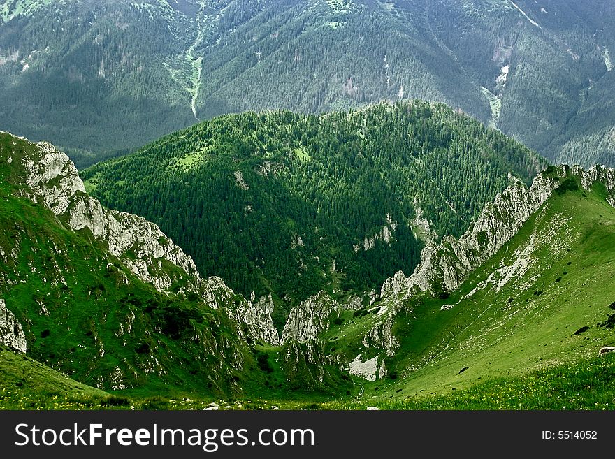 High mountains in the Europe. Landscape with mountain pastures. High mountains in the Europe. Landscape with mountain pastures.
