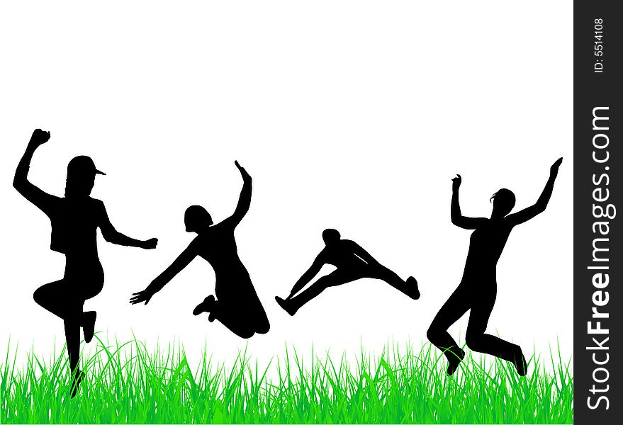 Illustration of people jumping and grass