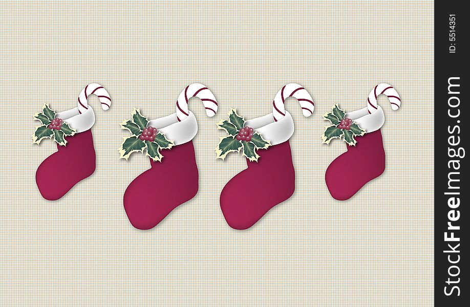 Illustration of four Christmas stockings handing in a row. Illustration of four Christmas stockings handing in a row