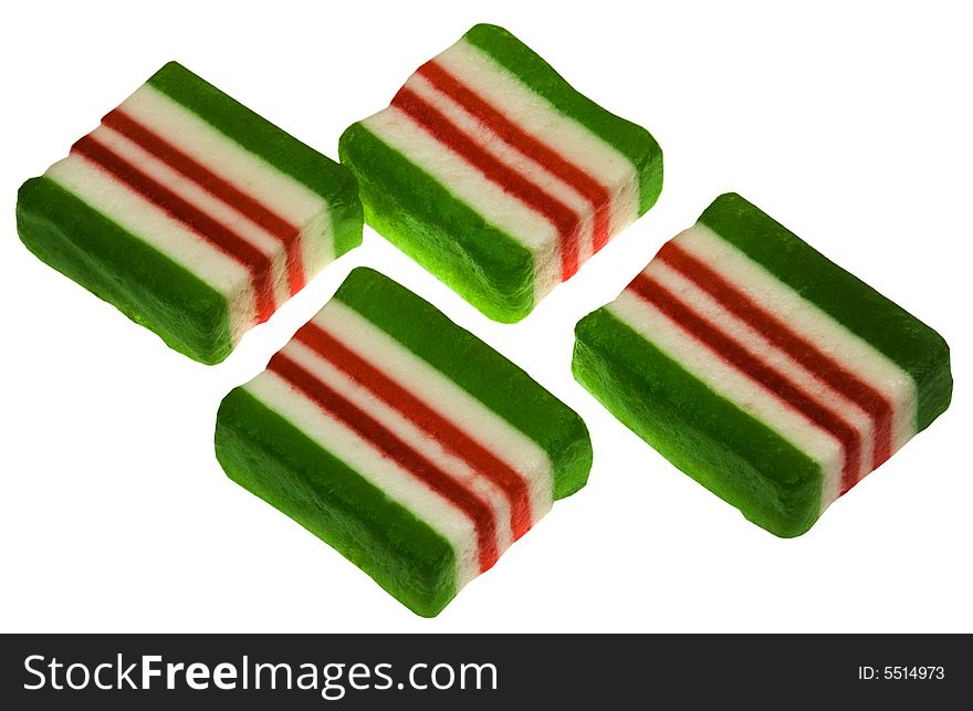 Cube fruit jellies with green, white and red bars