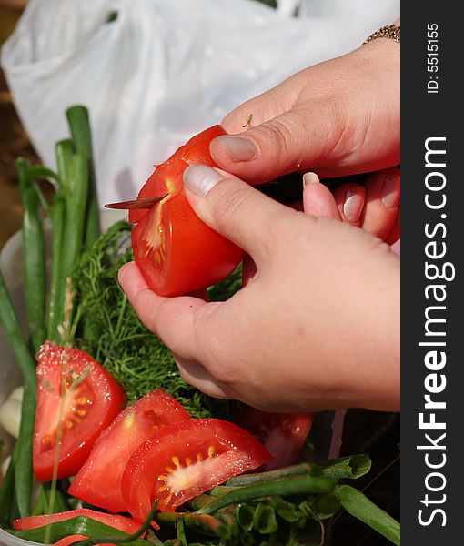 Tomato, vegetable, hand, knife, onion, plate, picnic, fennel, meal, food, vitamins. Tomato, vegetable, hand, knife, onion, plate, picnic, fennel, meal, food, vitamins