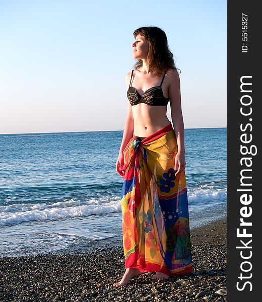 Beautiful Lady In Bikini On Beach Sunset