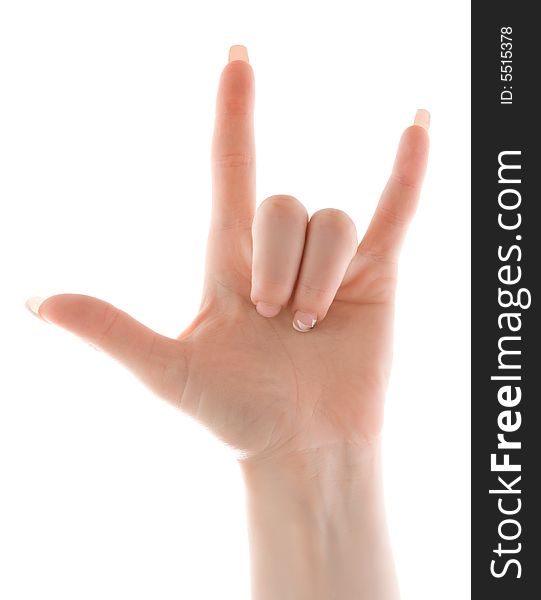 ILY handshape with palm out, thumb, little, and index fingers up. Isolated, over white. ILY handshape with palm out, thumb, little, and index fingers up. Isolated, over white