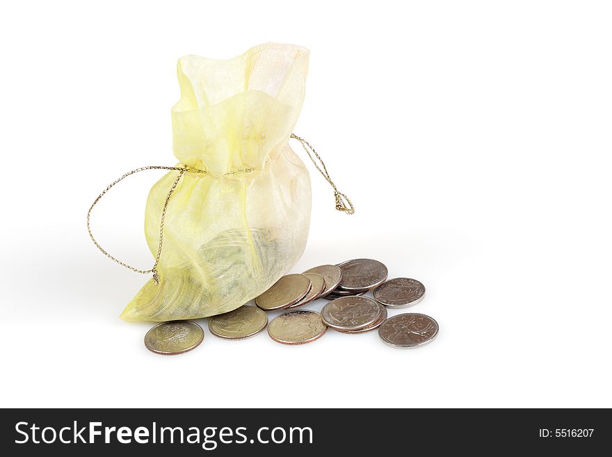 Coins in Gold Bag Isolated on White