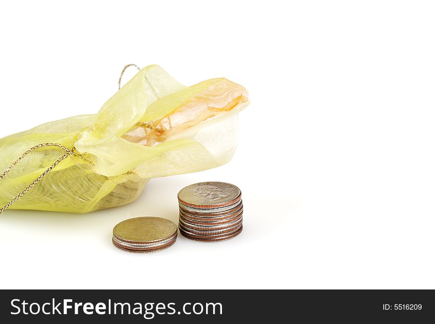 Coins in Gold Bag Isolated on White
