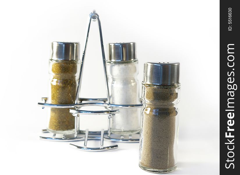 Salt and pepper on a white background