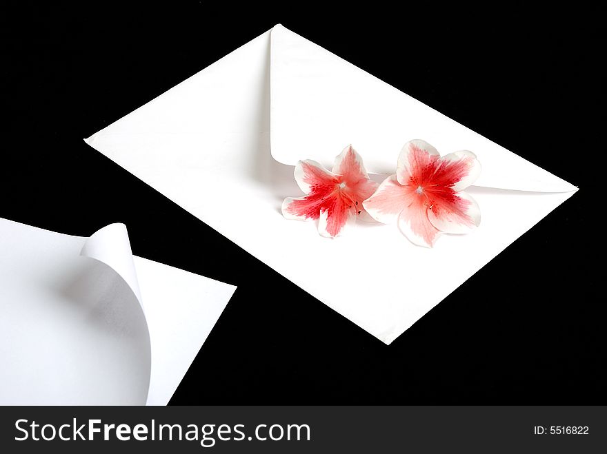 White envelope with red flowers on black background. White envelope with red flowers on black background