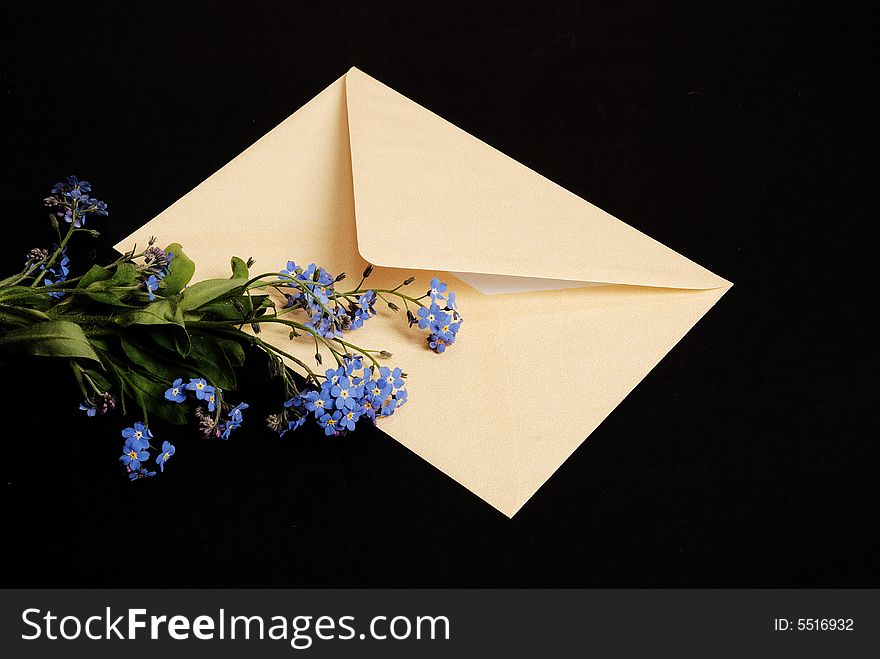 Envelope with blue flowers on black backround. Envelope with blue flowers on black backround