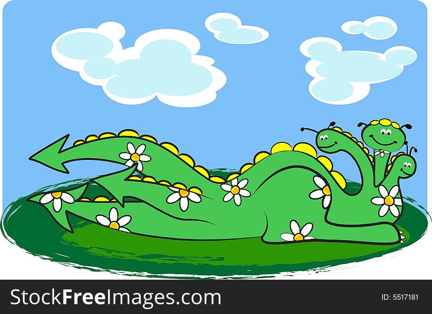 Green happy dragon with flowers