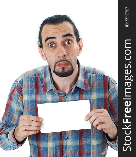 Surprised middle aged man hold blank white sheet of paper, isolated on white. Surprised middle aged man hold blank white sheet of paper, isolated on white