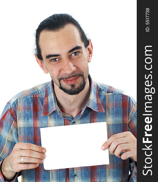 Smiling middle aged man holding blank white sheet of paper, isolated on white. Smiling middle aged man holding blank white sheet of paper, isolated on white