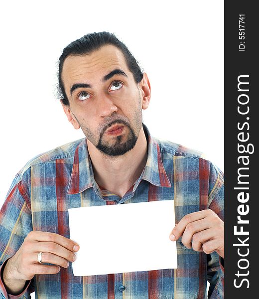 Middle aged man holding blank white sheet of paper, isolated on white. Middle aged man holding blank white sheet of paper, isolated on white