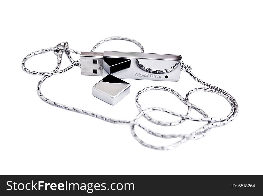 Silvery USB flash drive with small chain