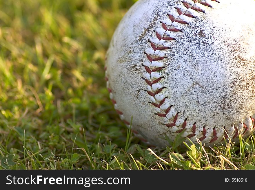 A worn softball lying on the grass. A worn softball lying on the grass