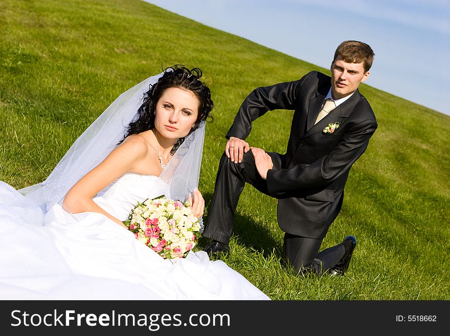 Bride and groom on the grass. Bride and groom on the grass