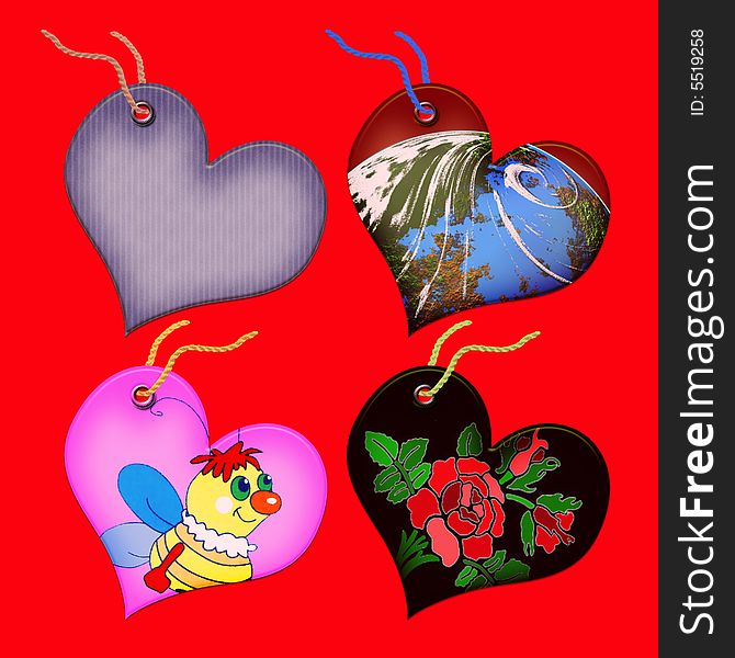 Gift tags in the form of heart. Isolated on a red background