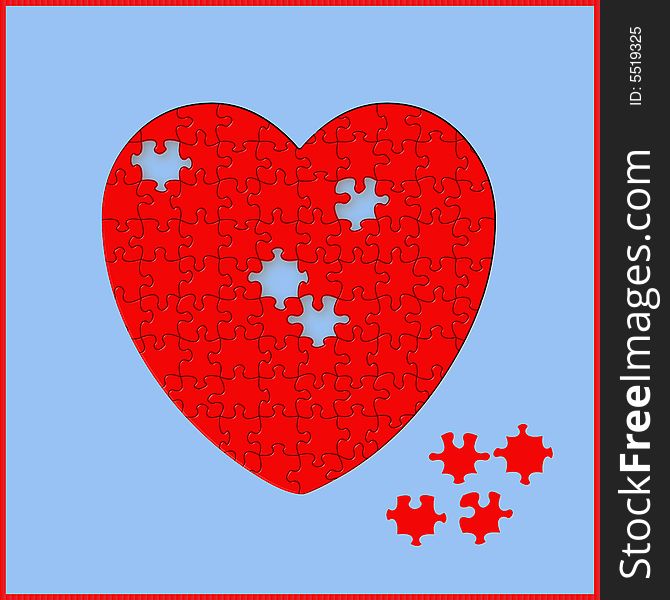 A red  heart shaped puzzle. A red  heart shaped puzzle