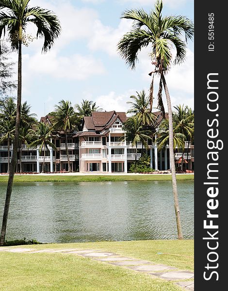 Lake with accommodation at a luxury resort. Lake with accommodation at a luxury resort.