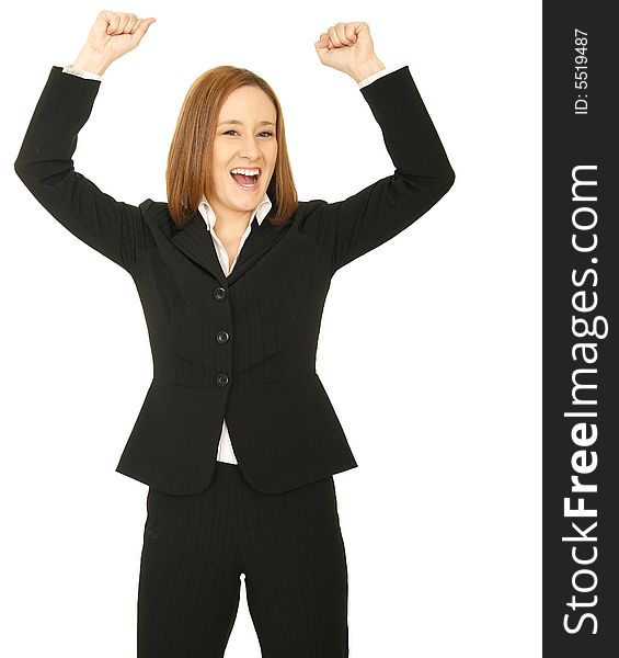 Shot of young business woman excited, raise up her hand. Shot of young business woman excited, raise up her hand