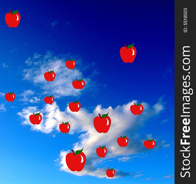 Red apples over a blue and cloudy sky. Red apples over a blue and cloudy sky