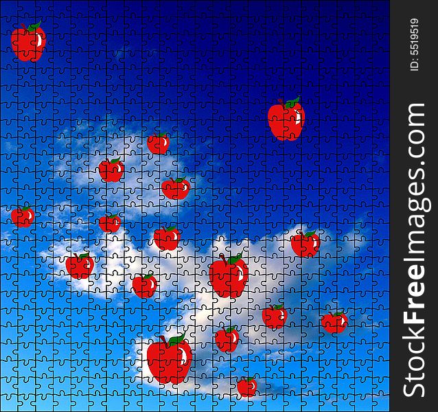 An original illustration with some apples on some clouds in the sky in puzzle mode. An original illustration with some apples on some clouds in the sky in puzzle mode