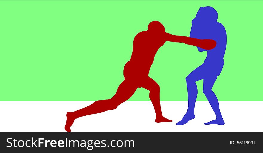 Silhouettes of boxing athletes compete against each other with a green background beneath them.