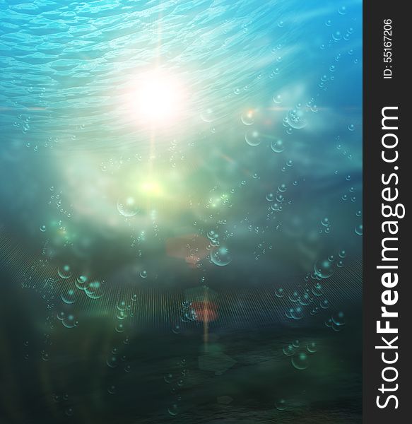 Colorful abstract underwater landscape with sunbeams and bubbles.