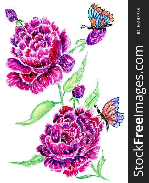 Greeting card with peony flowers and butterfly, watercolor painting.