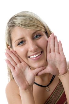 Beautiful Young Woman Framing Face With Hands. Royalty Free Stock Photography Beautiful Young Woman Framing Face With Hands. Royalty Free Stock Photography
