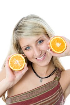 Beautiful Girl With Two Slice Juicy Orange Royalty Free Stock Image