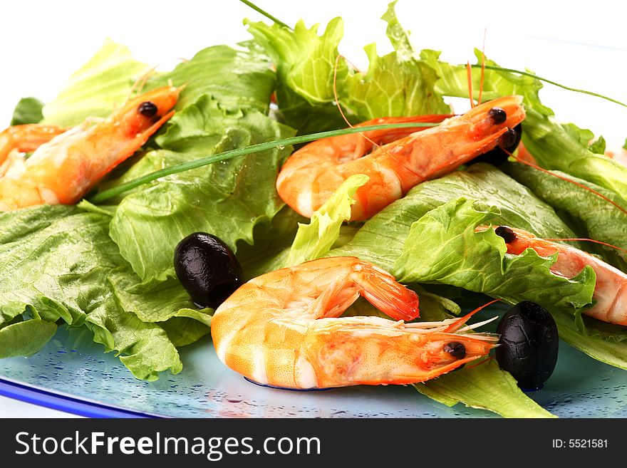 Fresh shrimp salad with chive and ol