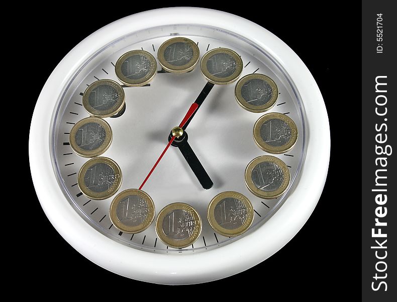 White clock and money on black background as symbol and sample for my isolated business and concept images