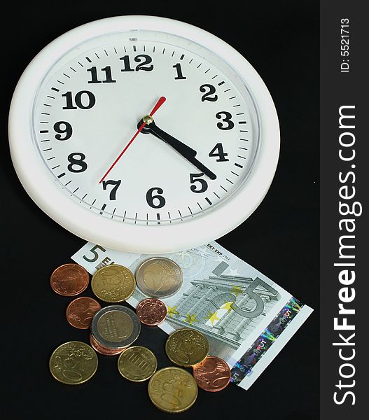 White clock and money on black background as symbol and sample for my isolated business and concept images