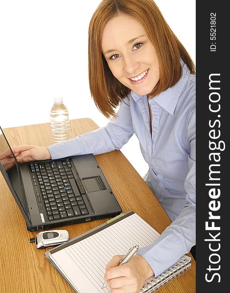 Shot of woman in casual dress look up and smile. Shot of woman in casual dress look up and smile