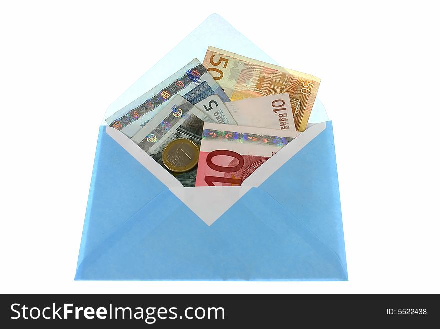 Banknotes with blue mail on white background