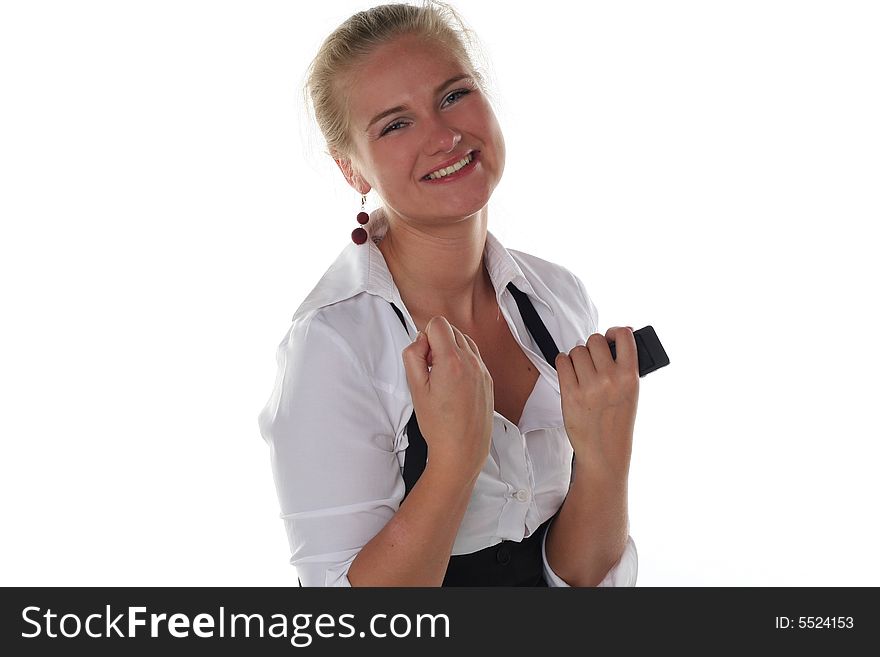 Business woman with ok gesture and mobile phone