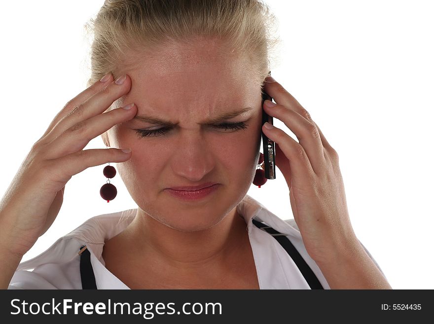 Business woman is talking by mobile phone with Headache