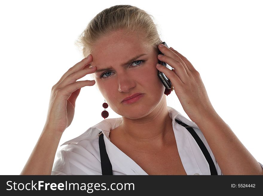 Business woman is talking by mobile phone with Headache