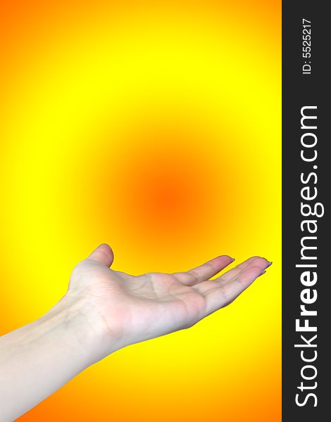 Hand of the person on varicoloured background by open palm upwards