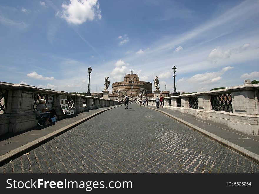 Saint Angel Bridge across Tiber in Rome, view to Saint Angel Castle.