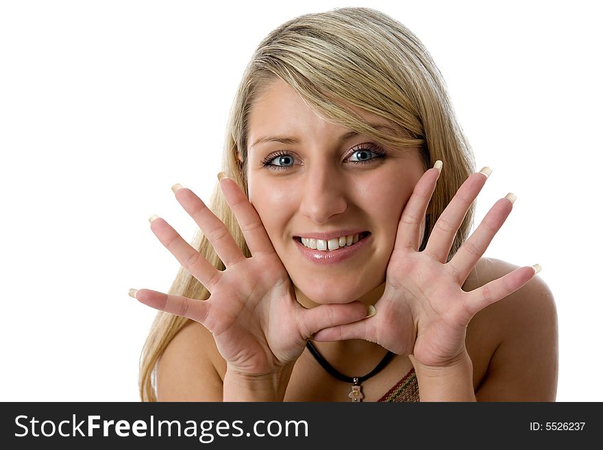Surprise. Girl smiling and open a palm