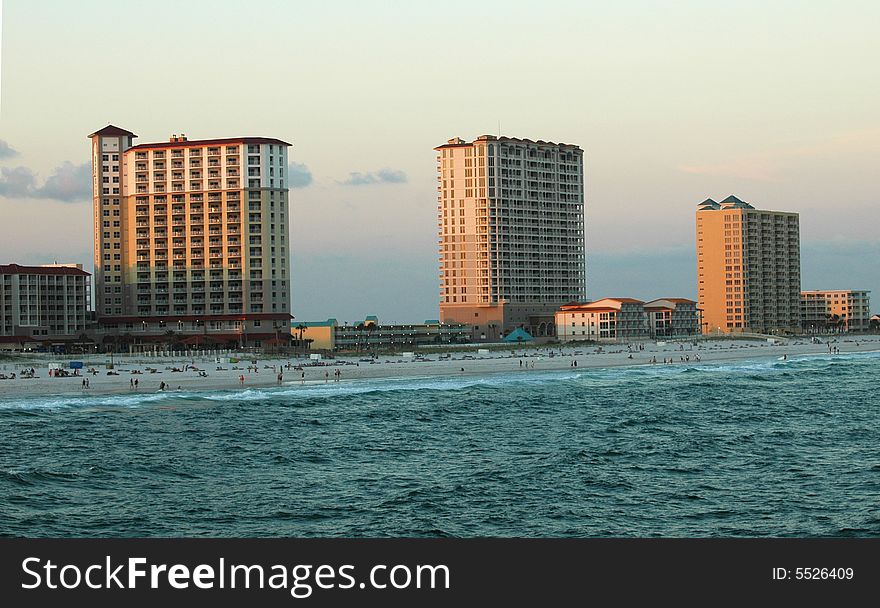 Beach resort skyline at sunset in the summer