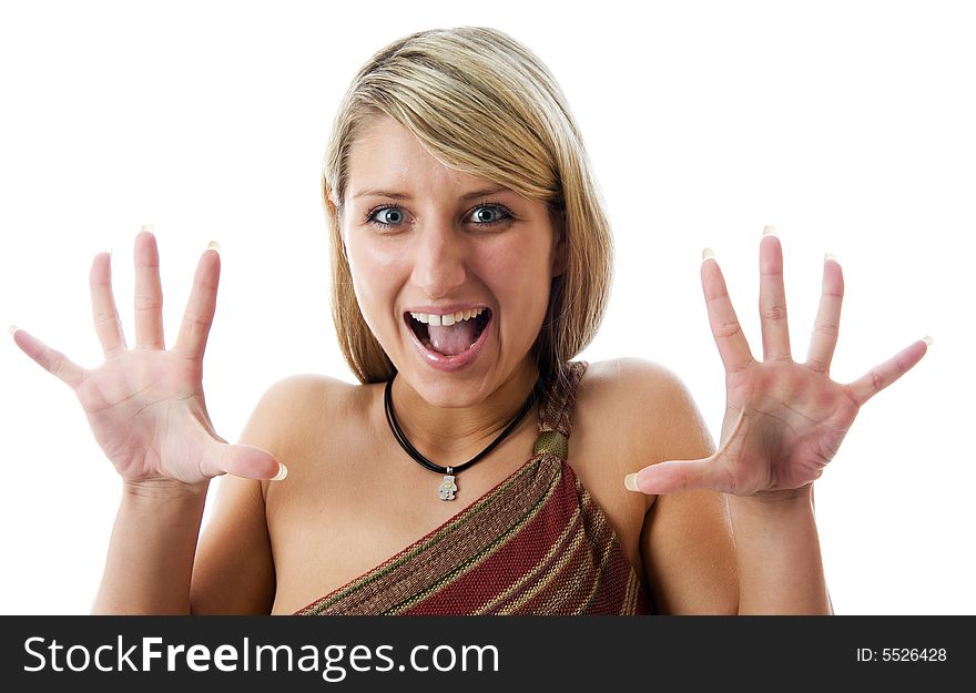 Beautiful young woman framing face with hands.