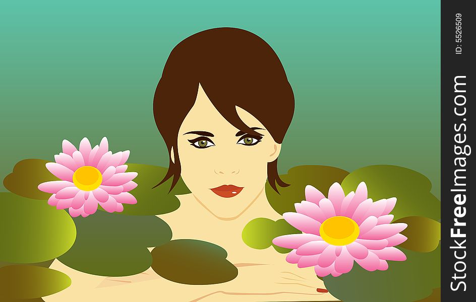 Young woman swims in lake with lotus flowers. Young woman swims in lake with lotus flowers
