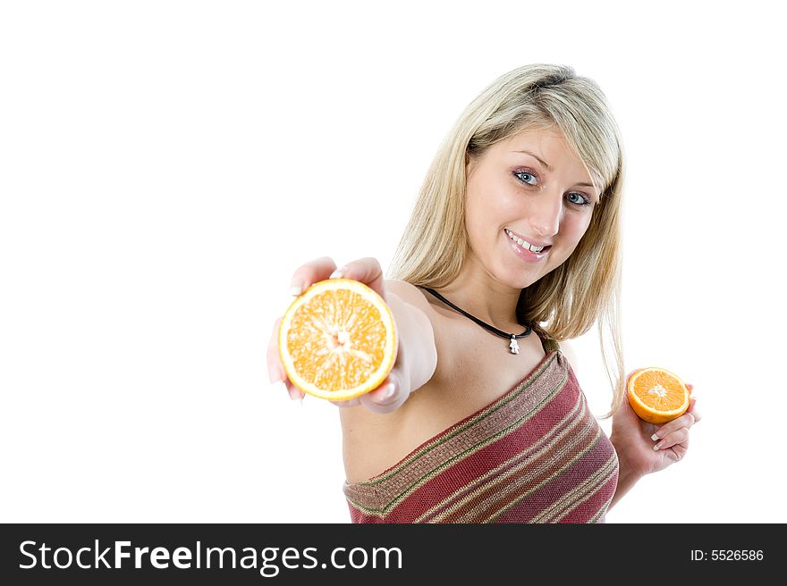 Young Happiness Woman Giving Sliced Orange.