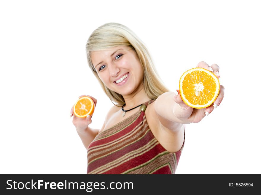 Young happiness woman giving sliced orange. Isolated over white