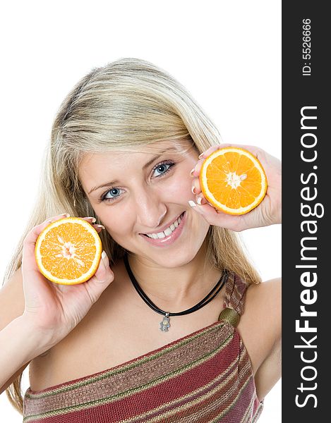 Beautiful girl with two slice juicy orange. Isolated over white background