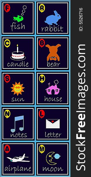 A pretty alphabet for childrens with animals, objiects and blue background. A pretty alphabet for childrens with animals, objiects and blue background