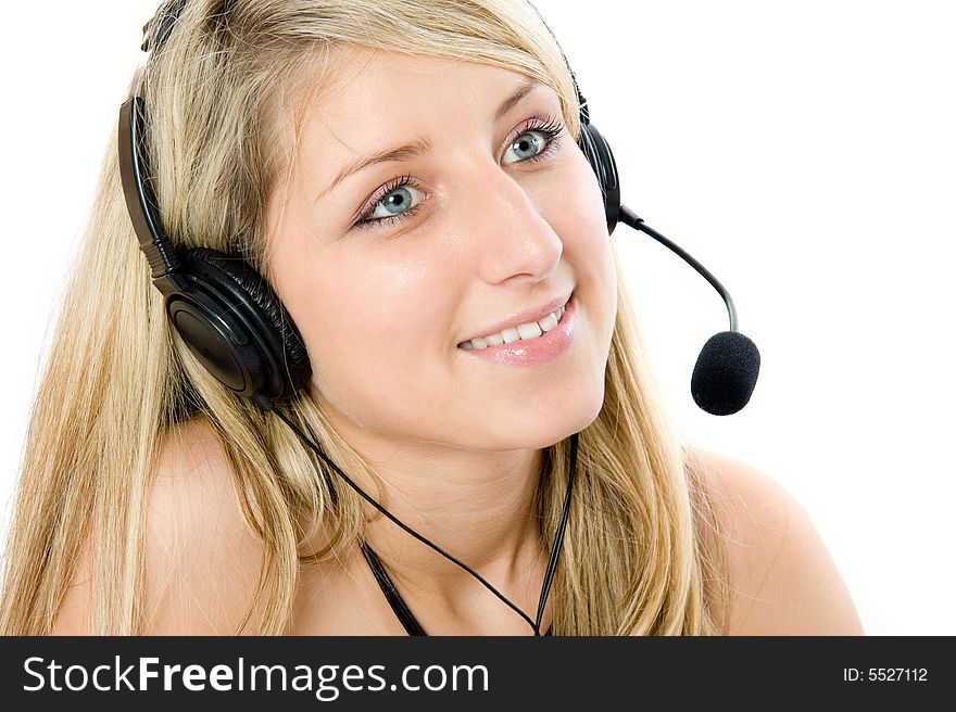 Beautiful business woman with headset. Isolated over white background