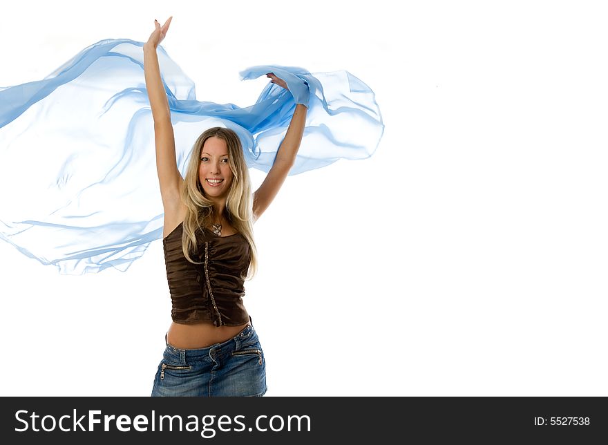Beautiful woman and silk over the white background